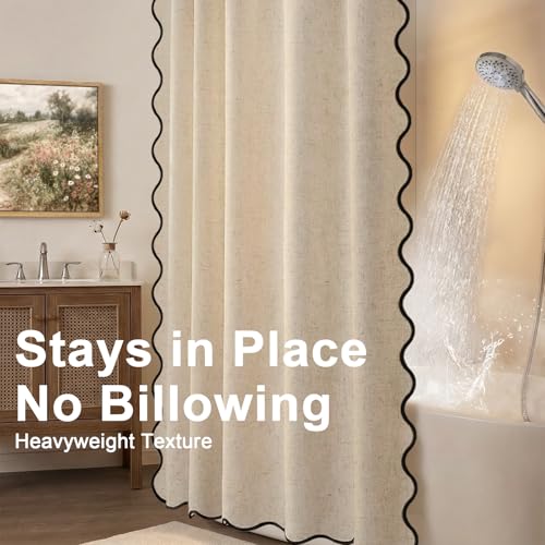 Extra Long Shower Curtains 84 Inch Linen Beige Cute Black Scalloped Boho Modern Shower Curtains for Bathroom Set, 72" W x 84" L