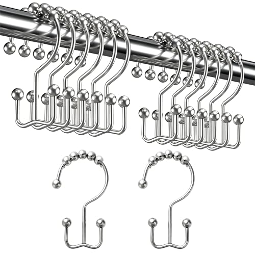12PCS Double Sided Shower Curtains Hooks,Metal Rust Proof/Free 304 Stainless Steel Metal Shower Curtain Rings,Smooth Gliding Chrome Double Shower Hooks Hangers for Bathroom Shower Curtain Rod,Silver