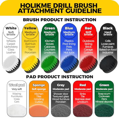 Holikme 15pcs Drill Brush Set, Power Scrubber Kit for Grout, Tile, Bathroom | 14 nylon brush heads in multiple sizes, 1 extended reach rod, for tile, tubs, showers, floors, gaps and kitchen cleaning
