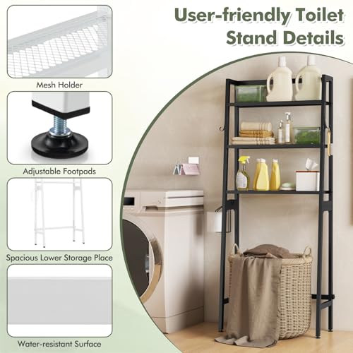 GIANTEX Over The Toilet Storage, 3-Tier Freestanding Bathroom Space Saver with 2 Hooks, Toilet Paper Holder & Adjustable Bottom Bar, Metal Over Toilet Bathroom Organizer for Restroom, Laundry (Black) - color: Black