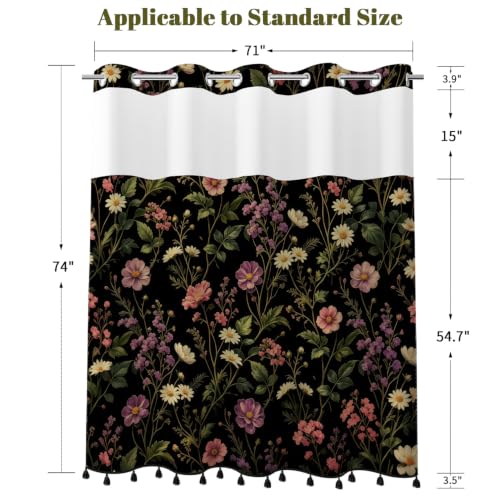 Dark Floral Shower Curtain with Snap in Liner & Tassels, 71W x 77L | No Hook Needed, Double Layer Waterproof Fabric with Mesh Top, Moody Botanical Wildflower Design for Boho Farmhouse Bathroom - color: Colorful Wildflowers