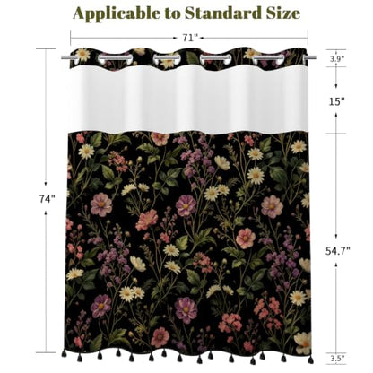 Dark Floral Shower Curtain with Snap in Liner & Tassels, 71W x 77L | No Hook Needed, Double Layer Waterproof Fabric with Mesh Top, Moody Botanical Wildflower Design for Boho Farmhouse Bathroom - color: Colorful Wildflowers