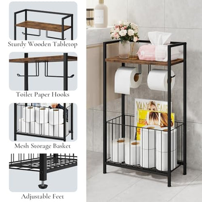Freestanding Toilet Paper Holder with Storage, Rustic Brown | Toilet Paper Holder Stand with Wooden Shelf for Bathroom Storage, Dual Toilet Paper Roll Stand for Extra Rolls & Magazines