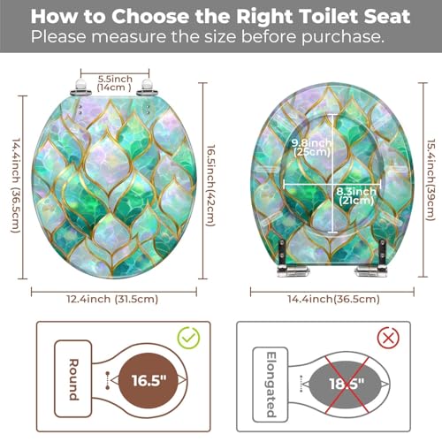 Round Resin Toilet Seat, Quietly Close Quick Release Hinges Cover | Toilet Lid Cover Easy to Clean and Install, Luxurious Iridescent Leaf Mosaic Gold Edges Elegant Heavy Duty Toilet Seat - color: pattern8, size: O-shape