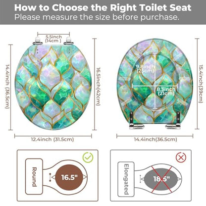 Round Resin Toilet Seat, Quietly Close Quick Release Hinges Cover | Toilet Lid Cover Easy to Clean and Install, Luxurious Iridescent Leaf Mosaic Gold Edges Elegant Heavy Duty Toilet Seat - color: pattern8, size: O-shape