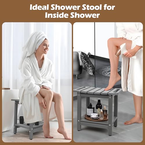Shower Bench, HDPE Waterproof Shower Chair for Inside Shower | Heavy-Duty Bathroom Bench with Non-Slip Adjustable Feet & Storage Shelf, Stable Shower Stool for Shaving Legs, Grey - color: Grey