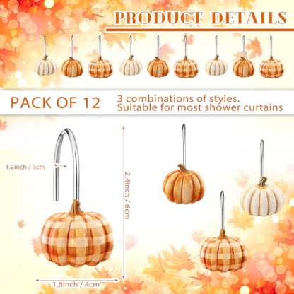 Colingmill Set of 12 Pumpkin Shower Curtain Hooks for Fall Bathroom Decor, Metal Rustproof Farmhouse Plaid Autumn Pumpkin Decorative Shower Curtain Hooks Rings for Thanksgiving Bathroom Decor - style: Pumpkin