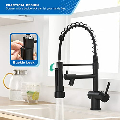 VFAUOSIT Commercial Kitchen Faucet with Pull Down Sprayer, Matte Black | Dual Outlets, Hands-Free Buckle Lock, Tilted Pot Filler, 360° Independent Rotation, cUPC/CEC Certified, 500,000-Cycle Valve - color: Matte Black-01