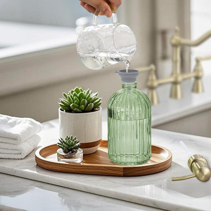 16Oz Green Glass Soap Dispenser with Rust Proof Stainless Steel Pump, Green Stripe Bathroom Hand Dish Lotion Dispensers with Brushed Gold Pump,Brushed Gold Glass Soap Dispenser - color: Brushed Gold + Green, size: 1-Pack