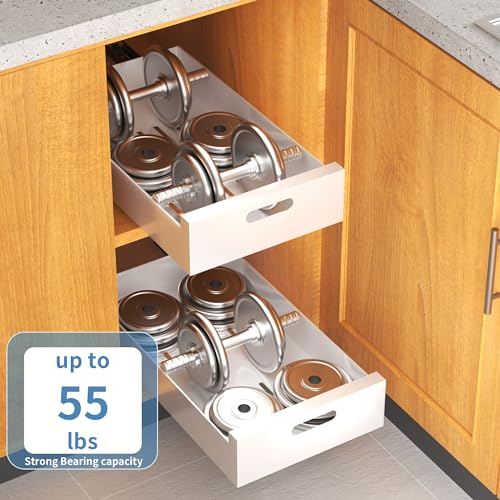 HBL' 1 Pack | 21" Deep Pull Out Cabinet Organizer Adhesive, 12-Inch Wide Sturdy Carbon Steel Roll-Out Drawers, Designed for Frameless Cabinets, Slide-Out Shelves for Pantry. - size: 21"D x 12.0"W x 3.1"H