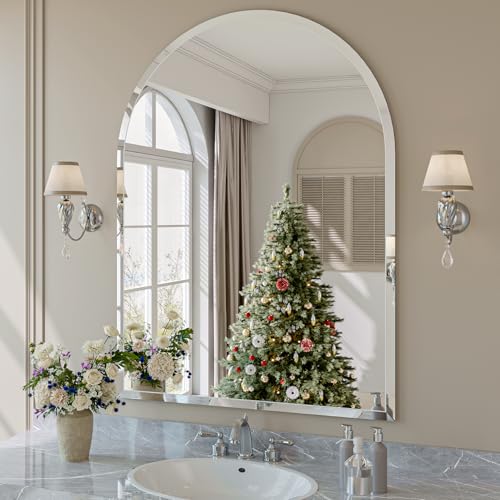 Frameless Bathroom Mirror, 40"x30" Beveled Arched Vanity Mirrors | Frameless, 15mm beveled edge, 5mm HD glass, anti-rust, french cleat, wall mounted, for bathroom/bedroom/entryway - size: 40"L x 30"W