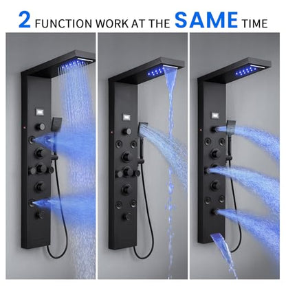 6 In1 LED Shower Panel Tower Rainfall ＆ Waterfall System 8 Body Massage Jet | POPLFY Stainless Steel Wall Mount Shower Column Towers with Temperature Display, Tub Spout, Matt Black - color: 8 Jets-Matt Black