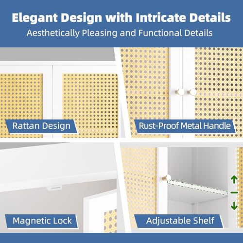 HITNET Rattan Wall Cabinet, Bathroom Hanging Storage Cupboard Over the Toilet, Space Saving Medicine Cabinet with Adjustable Shelf, White - color: White