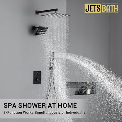 Thermostatic Dual Shower System, Shower Faucet(Oil Rubbed Bronze) | 12 Inch Shower Head, 6 Inch Wall Mount Head, High Pressure Handheld Sprayer, Push Button Valve - color: Oil Rubbed Bronze