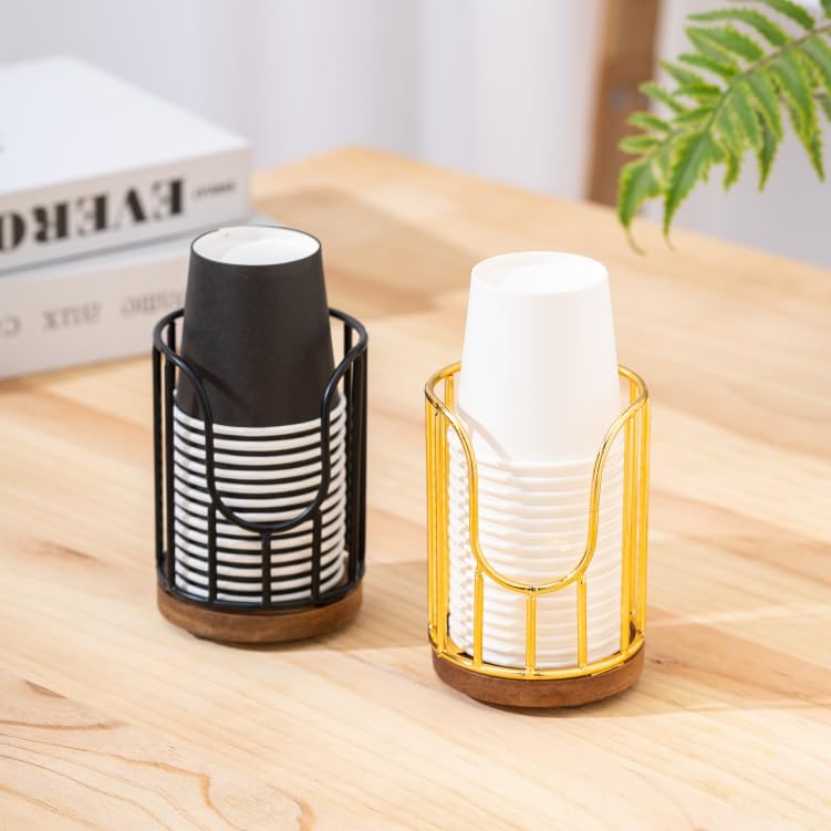 2PCS Bathroom Cup Dispenser with Acacia Wood Stand - Essential Bathroom Accessories for Toothbrush Holders & Mouthwash Cup Dispenser on Vanity Countertops Golden - color: 2 Pack Golden