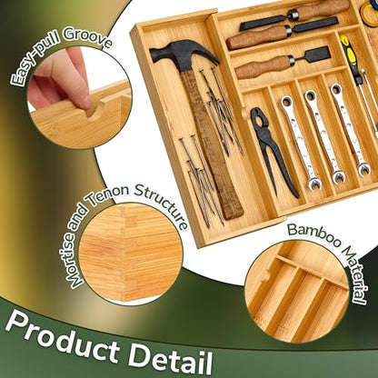 BAMEOS drawer organizer flatware organizer cutlery tray silverware organizer expandable adjustable bamboo drawer organizer kitchen bathroom - size: 2''H 22X16
