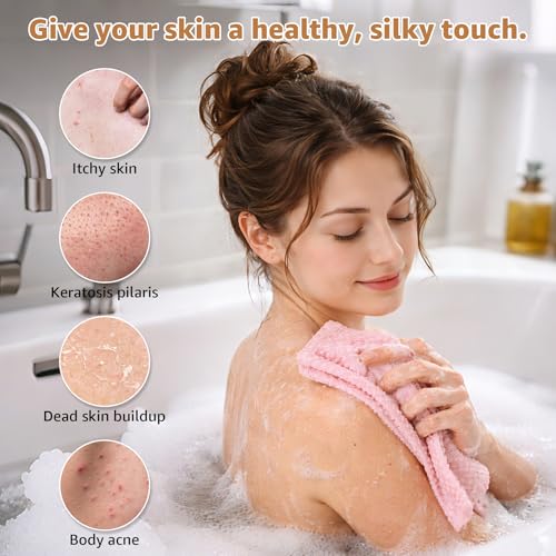 2Pcs Exfoliating Washcloth Towel, Long Dual-Sided Exfoliating Body Scrubber Exfoliator, Back Scrubber Deep Cleansing & Gentle Exfoliation, Quick-Drying Bath Towel for All Skin Types (Black & Pink)