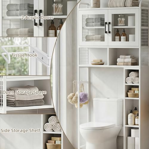 DHZ Over the Toilet Storage Cabinet, 65.55" H Bathroom Space Saver Organizer, 6 Movable Hooks & Paper Holder, Toilet Shelf for Restroom, Laundry, White