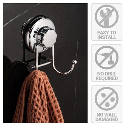 Powerful Vacuum Suction Cup Hooks Holder for Towel, Robe and Loofah - Stainless Steel Hook for Bathroom and Kitchen (Chrome)