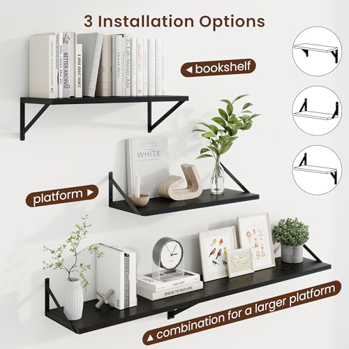 Deep Floating Shelves, 24'' x 10'' Black Wall Shelves Set of 2 | 10 Inch Deep Shelves with Heavy Duty Brackets, Rustic Wood Shelves for Bathroom Living Room, Engineered Wood, 40LBS - color: Black, size: 24W x 10D