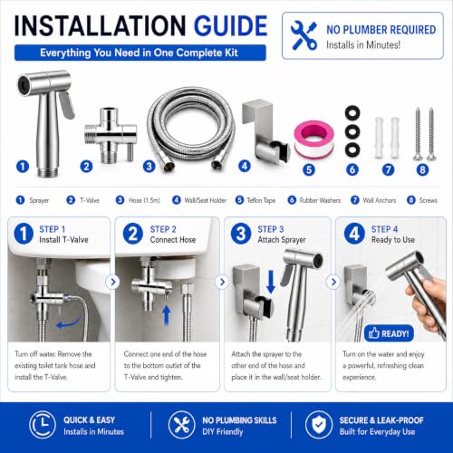 Multifunctional 304 Stainless Steel Bidet Sprayer for Toilet- Bathroom Handheld Bidet Jet Water Sprayer for Feminine Wash, Cloth Diaper with Hose and Toilet Mount - Muslim Shower - All-in-One!