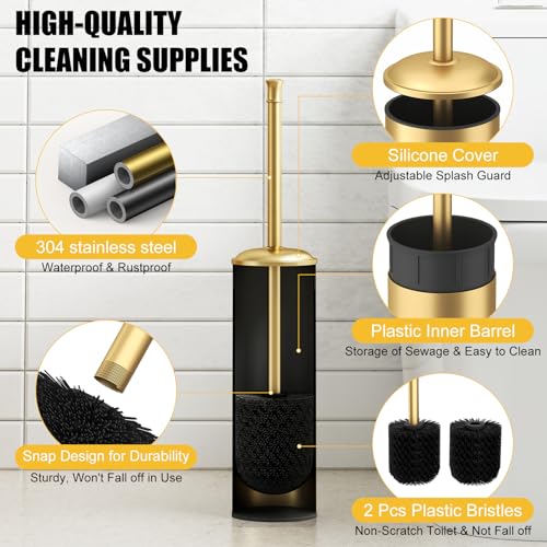 Toilet Brush and Holder, Toilet Cleaner Bowl Set with Two Brush with Extra Long Handle, Durable Bristles Toilet Scrubber and Covered Holder, Drip-Proof Stainless Steel Brushed Gold - color: Brushed Gold
