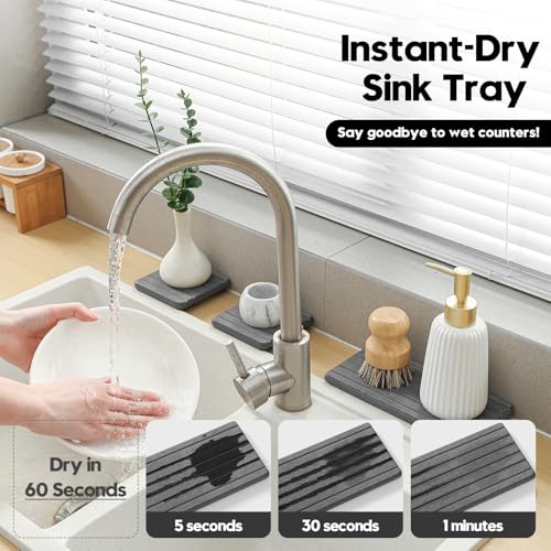 3 Pack Diatomite Stone Sink Tray, Water Absorbing Mat for Kitchen & Bathroom Counter, Quick Dry Soap Dish Makeup Vanity Caddy,Sponge Holder Organizer, Dark Gray 1pc of 8"x 3.8" and 2pcs of 3.8"x 3.8" - color: 3 Pack - Dark Gray - 1pc of 8"x 3.8" and 2pcs