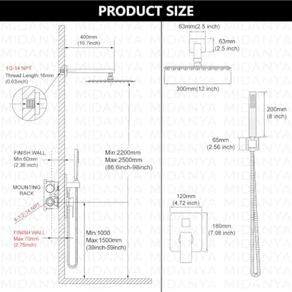 Midanya Shower Faucet Set with Handheld Sprayer,12 Inch,Matte Black | Rough-in Shower Valve and Trim Kit Included,Square Rain Head,Wall Mount Shower System,All Metal,Bathroom - color: Black, size: 12 Inch
