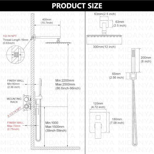Midanya Shower Faucet Set with Handheld Sprayer,12 Inch,Brushed Gold | Rough-in Shower Valve and Trim Kit Included,Square Rain Head,Wall Mount Shower System,All Metal,Bathroom - color: Gold, size: 12 Inch