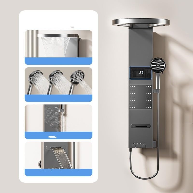 Modern Stainless Steel LED Shower Panel Tower Digital Temperature Display Multi-Function Wall Mount Column Rainfall Head Handheld Sprayer Body Massage Jets - color: Gray