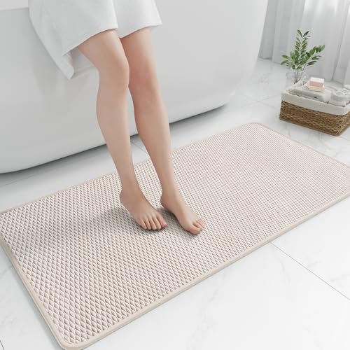 Long Bathroom Rugs Non Slip Washable, Rubber Bath Mats for Bathroom,Quick Dry,Super Absorbent Ultra Thin Bath Mat Low Pile Bath Floor Mat Fit Under Door,Shower,Sink, Light Cream, 24"x47" - color: Light Cream, size: 2' x 3'11" (Rectangular)