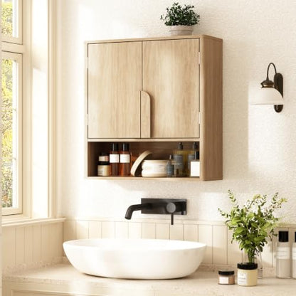 RUSTOWN Wall Mounted Bathroom Cabinets with Rounded Edges & Curved Handles | Adjustable Shelf, 3-Tier Over The Toilet Storage Cabinets, Modern Medicine Cabinet for Laundry Kitchen Living Room - color: Natural Oak