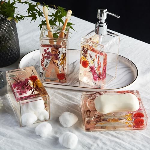 Bathroom Vanity Accessory Set Acrylic Liquid 3D Floating Motion Toothbrush Holder, Tumbler, Soap Dispenser, Soap Dish, Toilet brush, 5-Piece Accessory Set Garden Botanic Pink Plants - size: 5-piece, style: Pink Plant