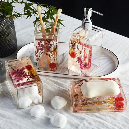 Bathroom Vanity Accessory Set Acrylic Liquid 3D Floating Motion Toothbrush Holder, Tumbler, Soap Dispenser, Soap Dish, Toilet brush, 5-Piece Accessory Set Garden Botanic Pink Plants - size: 5-piece, style: Pink Plant