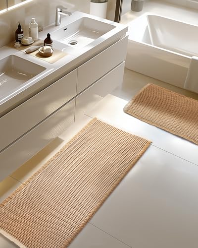 Furicher Large Waffle Bath Mat Set, Non Slip Bathroom Mat Set 2 Piece, Ultra Absorbent Bath Mats, Machine Washable Bath Rugs, Brown & White, 20"×47" and 16"×24" - color: Brown-white