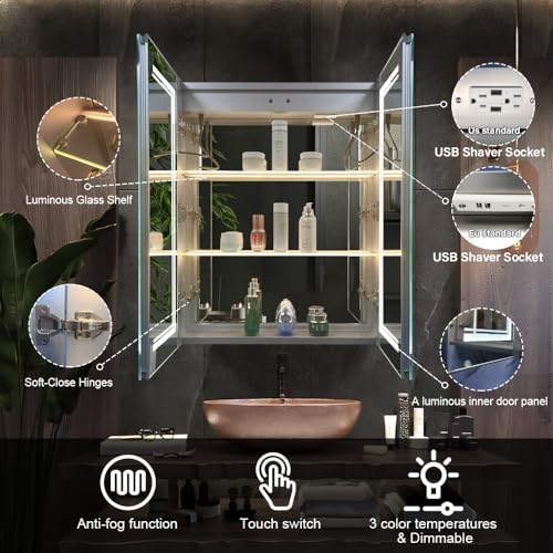 High-End Led Medicine Cabinet,Lighted Medicine Cabinet,3 Colors&Dimmable,Demister,Lighted Glass Shelf,USB Shaver Socket.Surface Mount or Recess Mount,24×30inch - size: 24×30inch