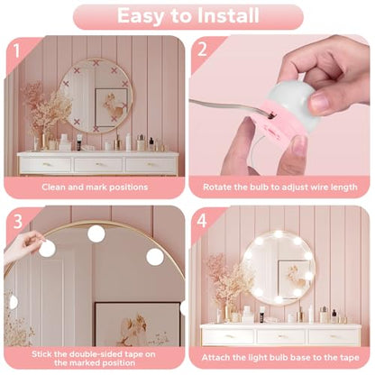LED Vanity Lights For Mirror, Pink Vanity Light Stick on with 10 Bulbs | 3000K 4000K 6500K & 10 Level Brightness Adjustable USB Cable Hollywood Mirror Lights for Makeup Dressing Room Bathroom - size: 10 Lights (Pink)