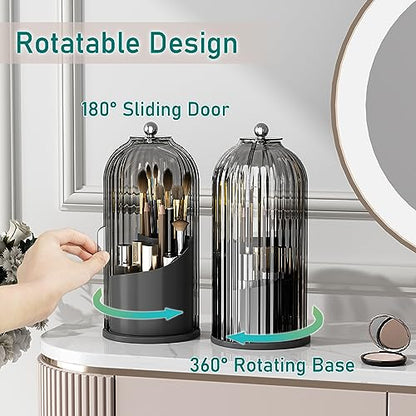 GAXmi Makeup Brush Holder with Lid Rotating Cosmetic Organizer, Black-Grey | 360 Rotation, Waterproof, Dustproof, Moistureproof - color: Black-Grey