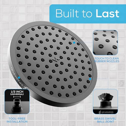 SparkPod Rain Shower Head, 8 Inch Round, Midnight Black Matte Finish | High Pressure Shower Heads, 90 Nozzles, Adjustable Showerhead, No Tools Needed, Universal Connection - color: Midnight Black Matte, style: 8 Inch Round
