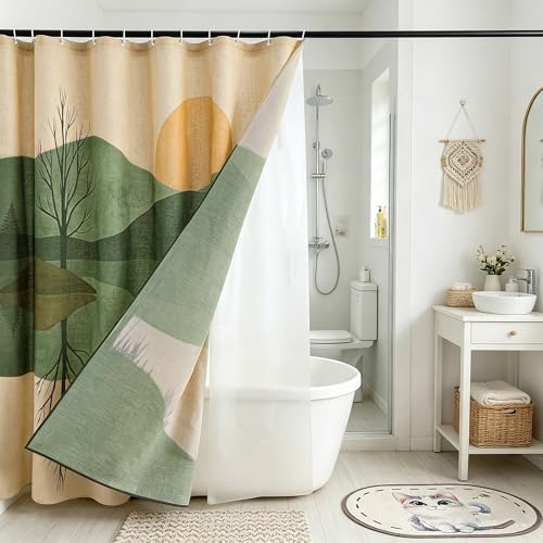 Lake Scenery Linen Boho Shower Curtain Set with Liner,72" Wx72 L | Double Layer Shower Curtain Waterproof Fabric with Zippered Removable PEVA Liner,Boho Shower Curtain for Bathroom,Free Hooks - color: Sunset Landscape