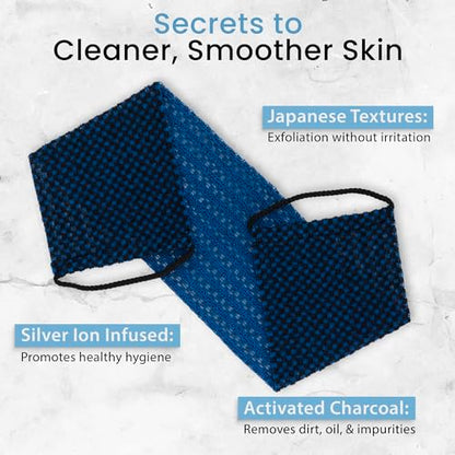 SHOWER BOUQUET Japanese-Exfoliating-Washcloth 2-Pack Charcoal & Silver Ion | Exfoliating Towel & Handles | 2-Sided Gentle Exfoliation & Deep Cleansing | Back & Body Wash Cloths for Shower | Blue + Green - color: Charcoal Blue + Charcoal Green, size: 1 Cou