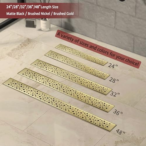 Linear Shower Drain, 24 inch Brushed Gold | Including Hair Catcher and Removable Grate, 304 Stainless Steel, Easy to Install and Clean (Drain Base Not Included) - color: Brushed Gold, size: 24 inch
