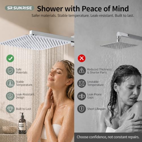 SR SUN RISE Polished Chrome Square Rainfall Shower Head and Handle Set, Wall Mounted Shower Fixtures, Metal Shower Faucet Trim Repair Kits (With Shower Valve) 16 Inches - color: Polished Chrome, size: 16 Inch