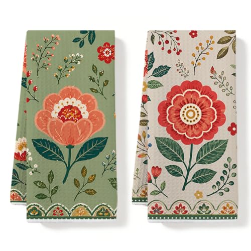 Vintage Boho Floral Kitchen Towels Set of 2 Retro Colorful Flower Bathroom Kitchen Decor Waffle Absorbent Tea Towels Dish Towel Decorative Hand Towel for Bathroom Housewarming Gifts, 14x24 Inches - color: Multi0201