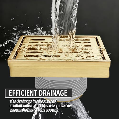 Square Shower Drain 4 inch, Brushed Gold 304 Stainless Steel Floor Drain for Bathroom, Removable Tile Insert Grate Includes Hair Strainer - color: Brushed Gold