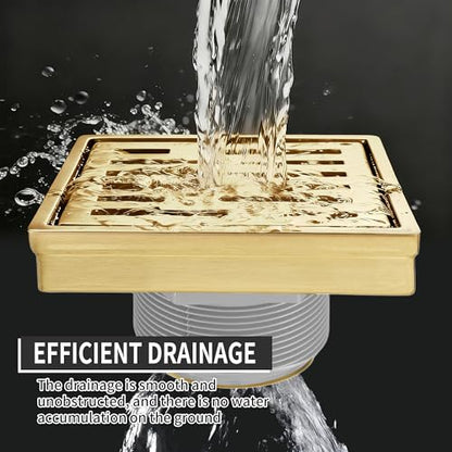 Square Shower Drain 4 inch, Brushed Gold 304 Stainless Steel Floor Drain for Bathroom, Removable Tile Insert Grate Includes Hair Strainer - color: Brushed Gold