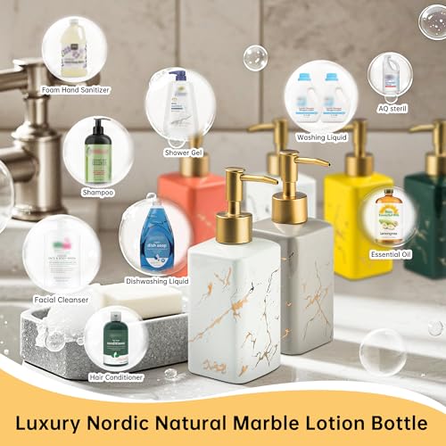 Gold Soap Dispenser for Bathroom Countertop, Square Gray Dish Soap Dispenser Pump Bottle with Golden Stripes for Kitchen Sink Laundry Shower Lotion, Ceramic Hand Dispenser Pump for Soap Liquid - color: Gray
