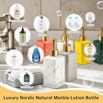 Gold Soap Dispenser for Bathroom Countertop, Square Gray Dish Soap Dispenser Pump Bottle with Golden Stripes for Kitchen Sink Laundry Shower Lotion, Ceramic Hand Dispenser Pump for Soap Liquid - color: Gray