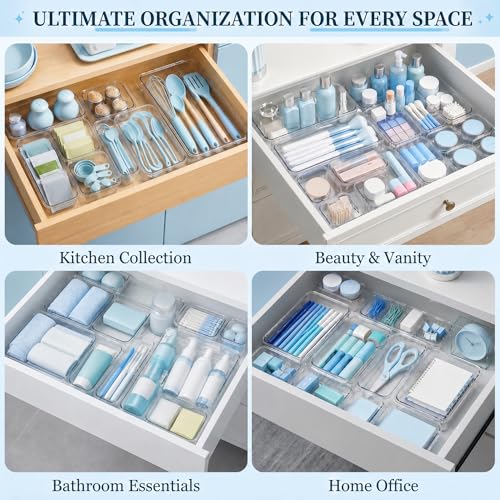 14 Pcs Expandable Clear Drawer Organizer|3-Size Extendable Drawer Dividers | Adjustable Plastic Storage Boxes, Arcrylic Storage Bins for Makeup Vanity Drawer Dresser DIY Desk Office Kitchen Utensils - size: 14PCS