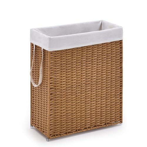 Slim Wicker Laundry Hamper, 75L Handwoven Rattan Basket with Handles, Narrow Laundry Basket with Removable Liner Bag & 2 Mesh Bags - color: Brown, size: 75L
